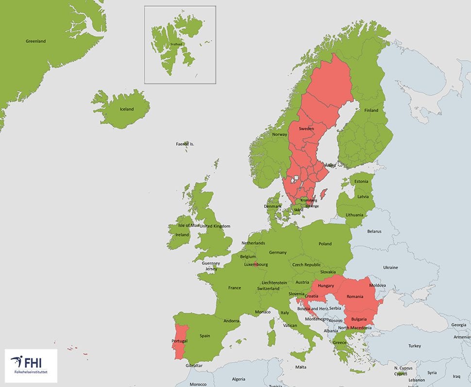 Mapa otwartych granic Norwegii, fot. fhi.no