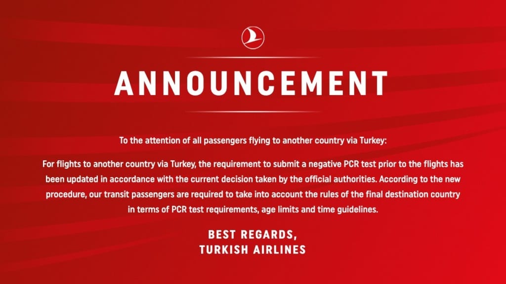 Informacja na stronie Turkish Airlines